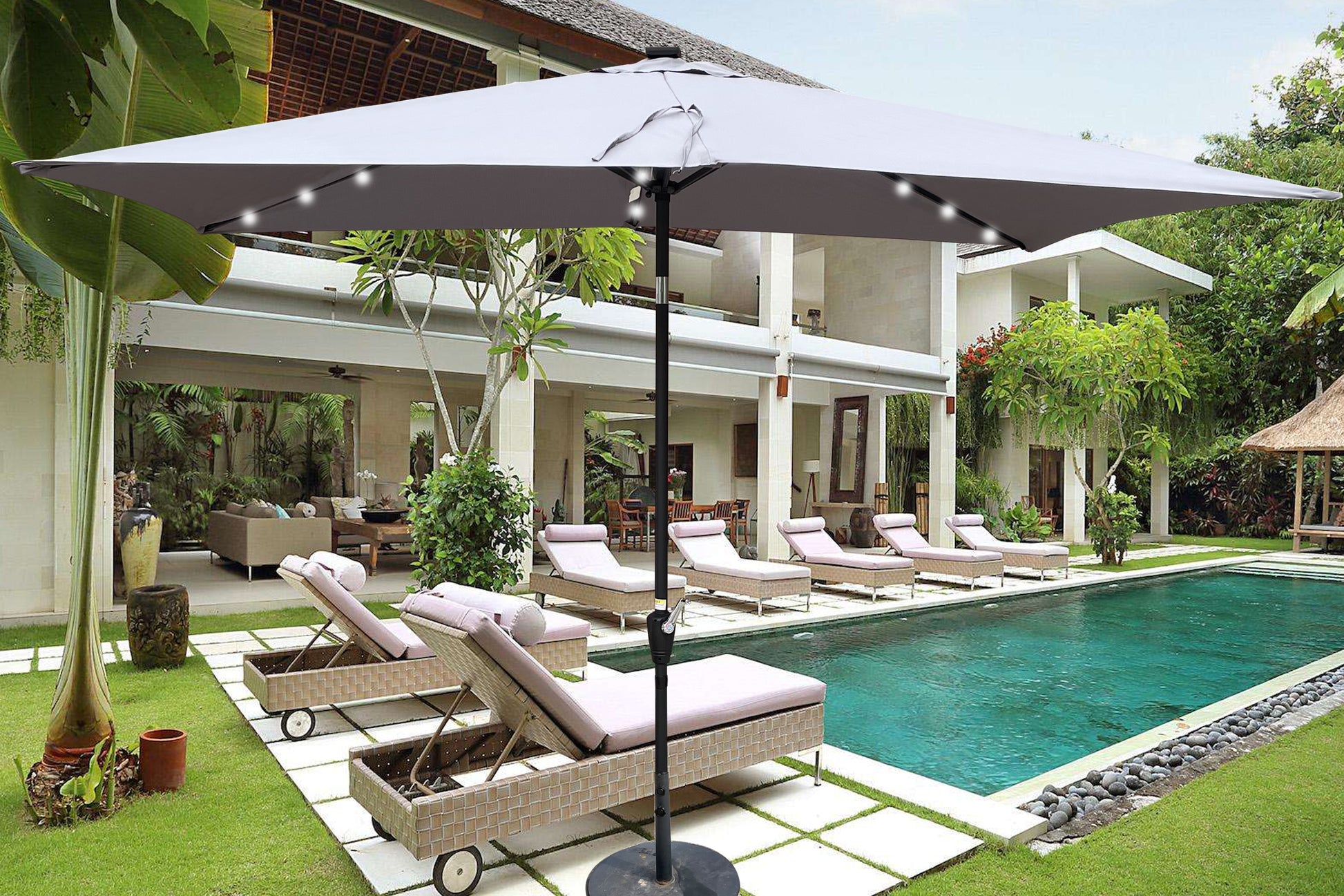 10 x 6.5t Rectangular Patio Solar LED Lighted Outdoor Umbrellas with Crank and Push Button Tilt for Garden Backyard Pool Swimming Pool - Decoration - Quality Life