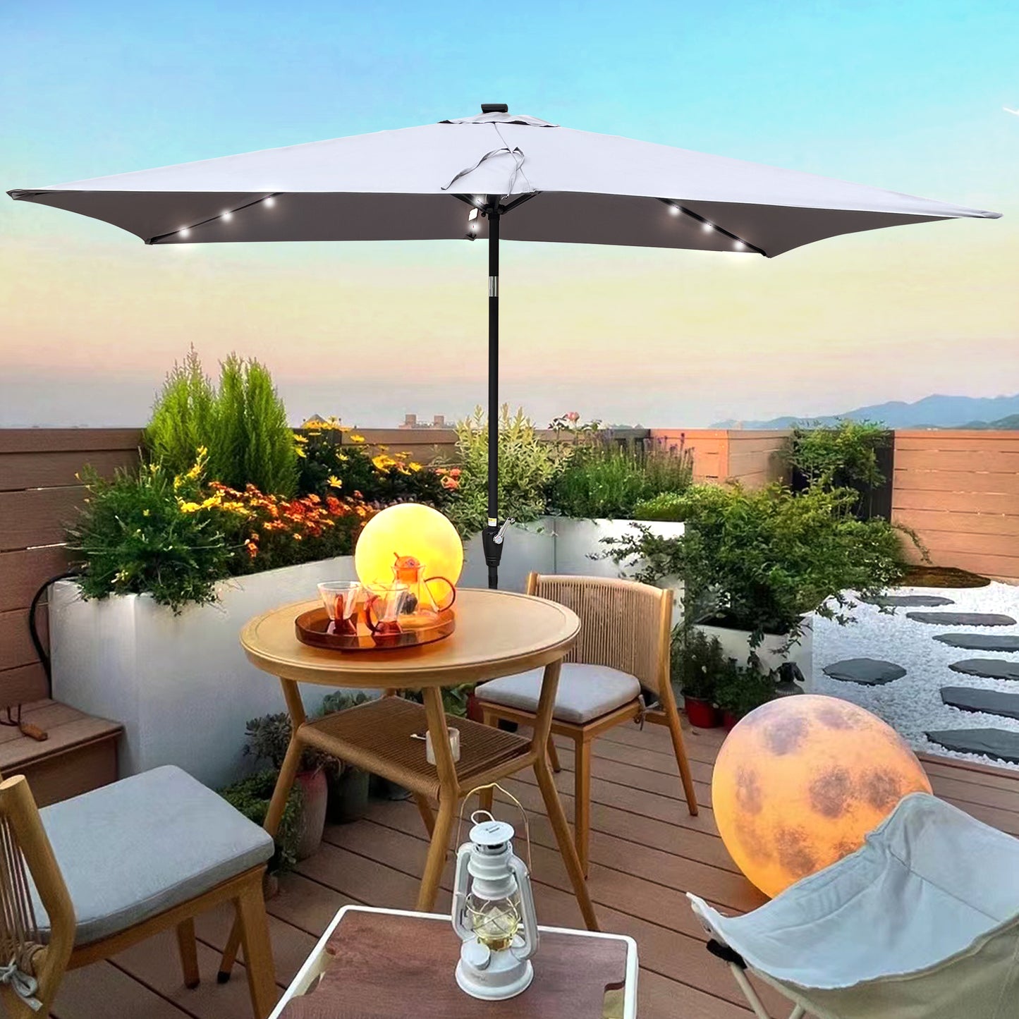 10 x 6.5t Rectangular Patio Solar LED Lighted Outdoor Umbrellas with Crank and Push Button Tilt for Garden Backyard Pool Swimming Pool - Decoration - Quality Life