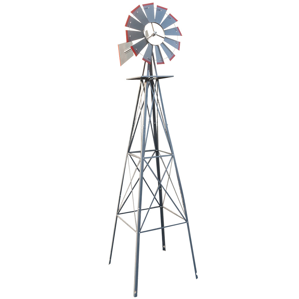 8FT Weather Resistant Yard Garden Windmill Gray & Red 0e7rxg-c0