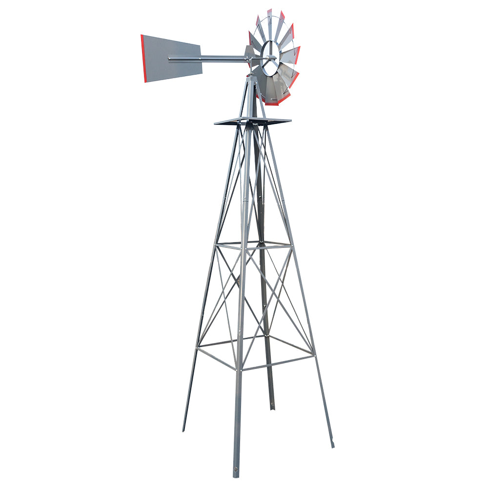 8FT Weather Resistant Yard Garden Windmill Gray & Red 0e7rxg-c0