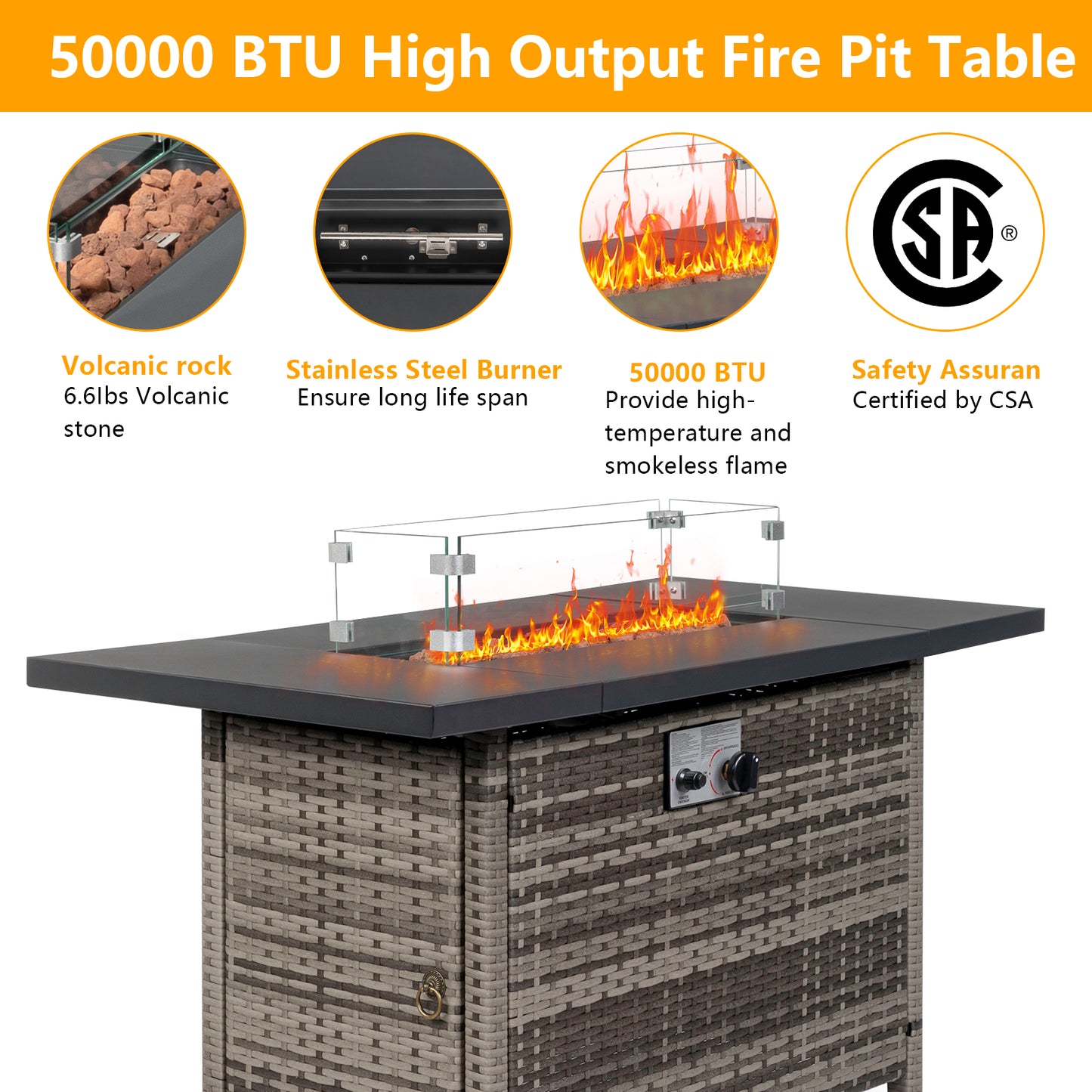 43-Inch Fire Table，50000 BTU Gas Firepit with Volcanic Stone Black 0e7rxg-c0