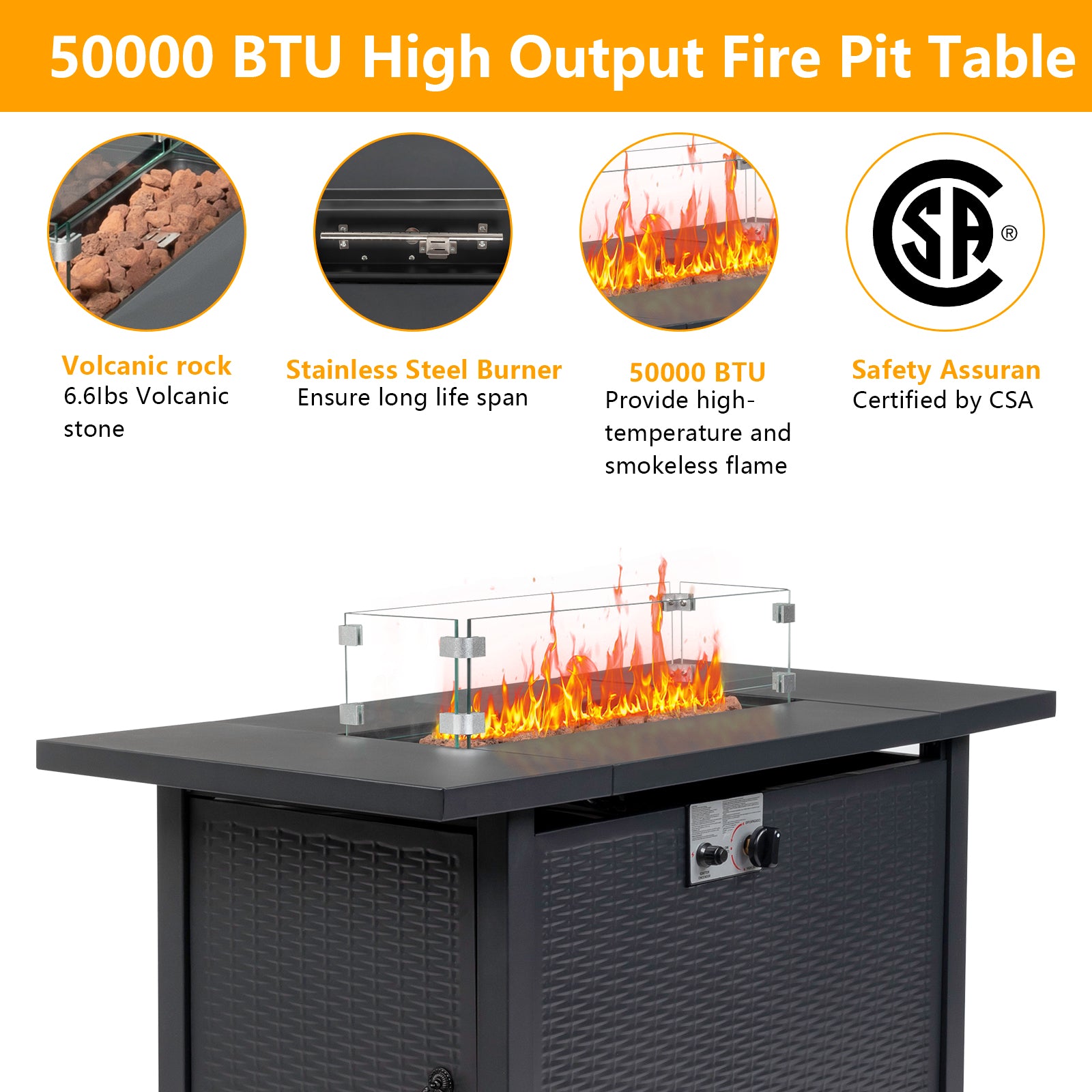 43-Inch Fire Table，50000 BTU Gas Firepit with Volcanic Stone Black 0e7rxg-c0