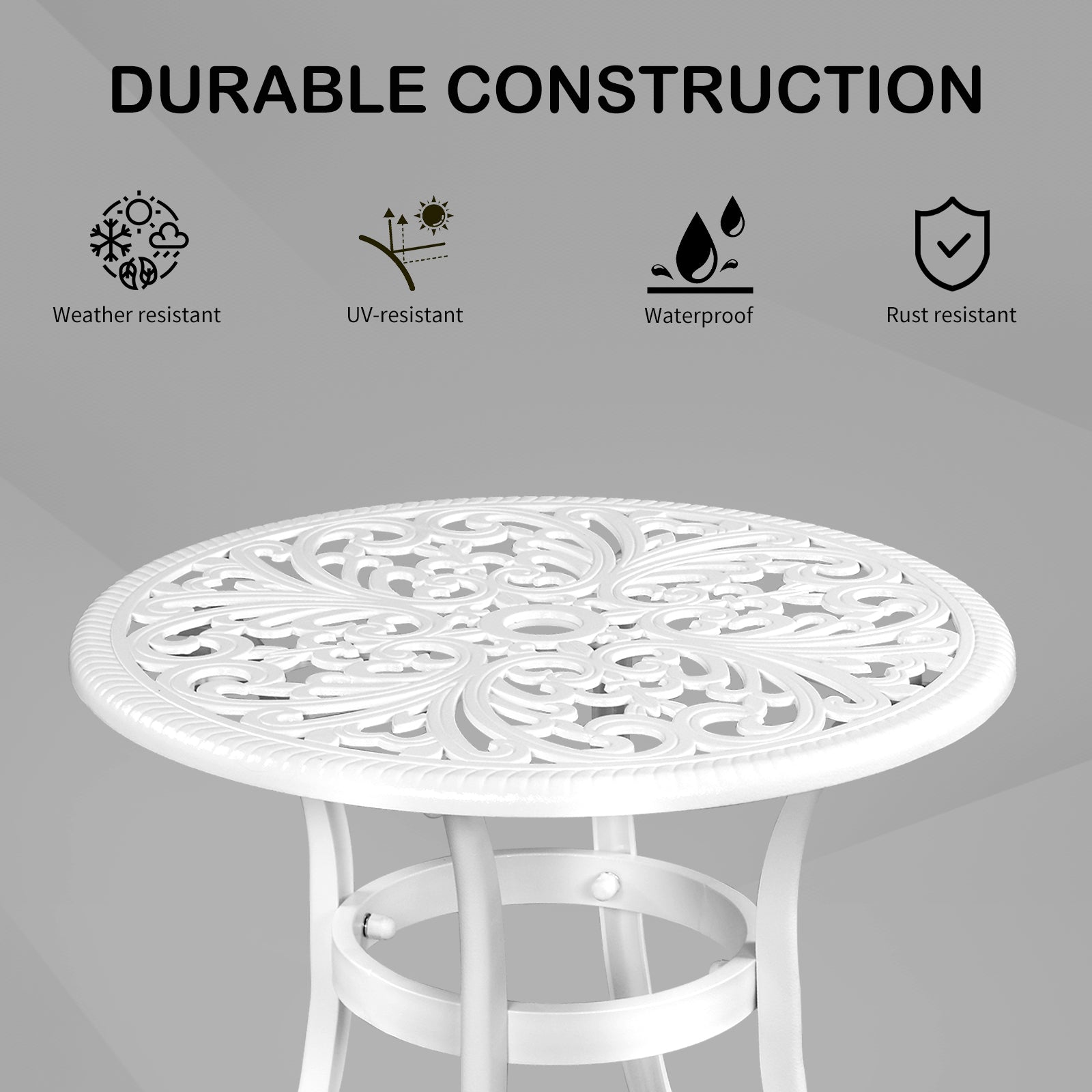 Phoenix Cast Aluminum Round Table, Patio End Table Side Table, Cast Aluminum Cocktail Table, Outdoor Bar Table, White 0e7rxg-c0