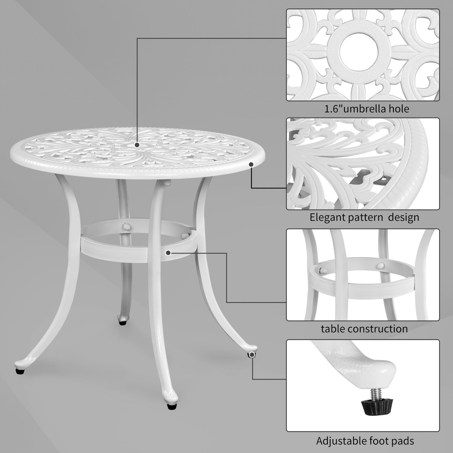 Phoenix Cast Aluminum Round Table, Patio End Table Side Table, Cast Aluminum Cocktail Table, Outdoor Bar Table, White 0e7rxg-c0