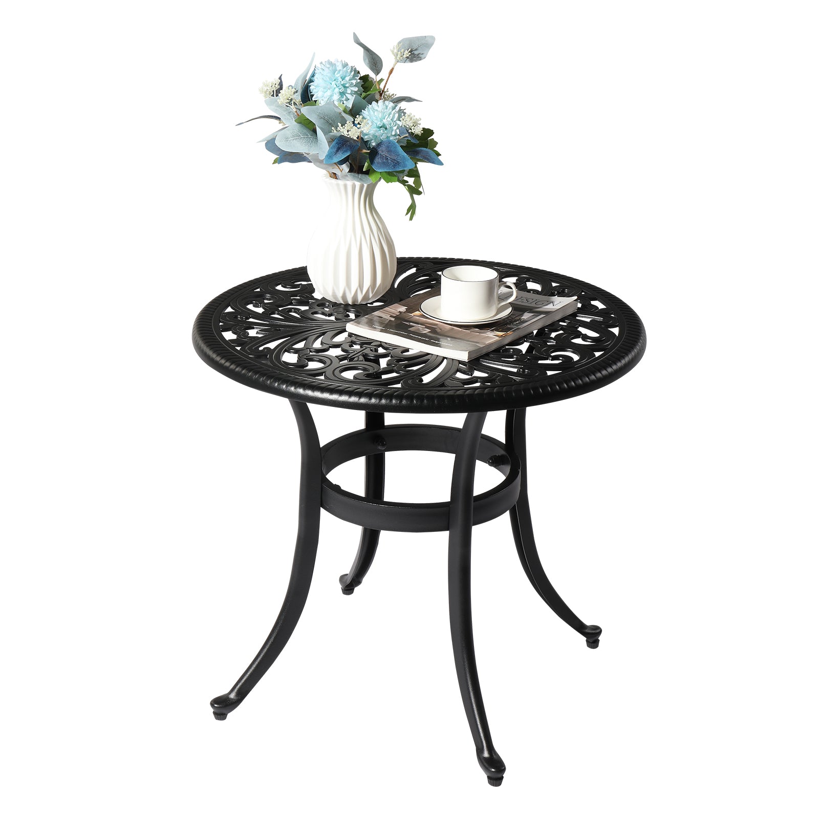 Phoenix Cast Aluminum Round Table, Patio End Table Side Table, Cast Aluminum Cocktail Table, Outdoor Bar Table, Black 0e7rxg-c0