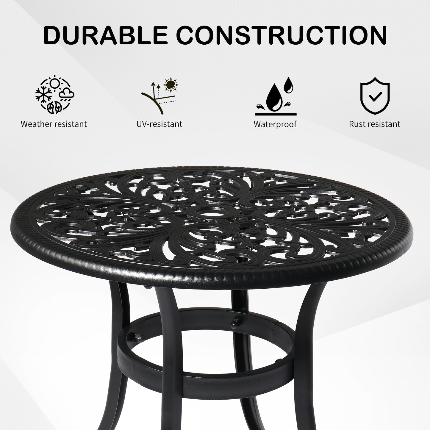 Phoenix Cast Aluminum Round Table, Patio End Table Side Table, Cast Aluminum Cocktail Table, Outdoor Bar Table, Black 0e7rxg-c0