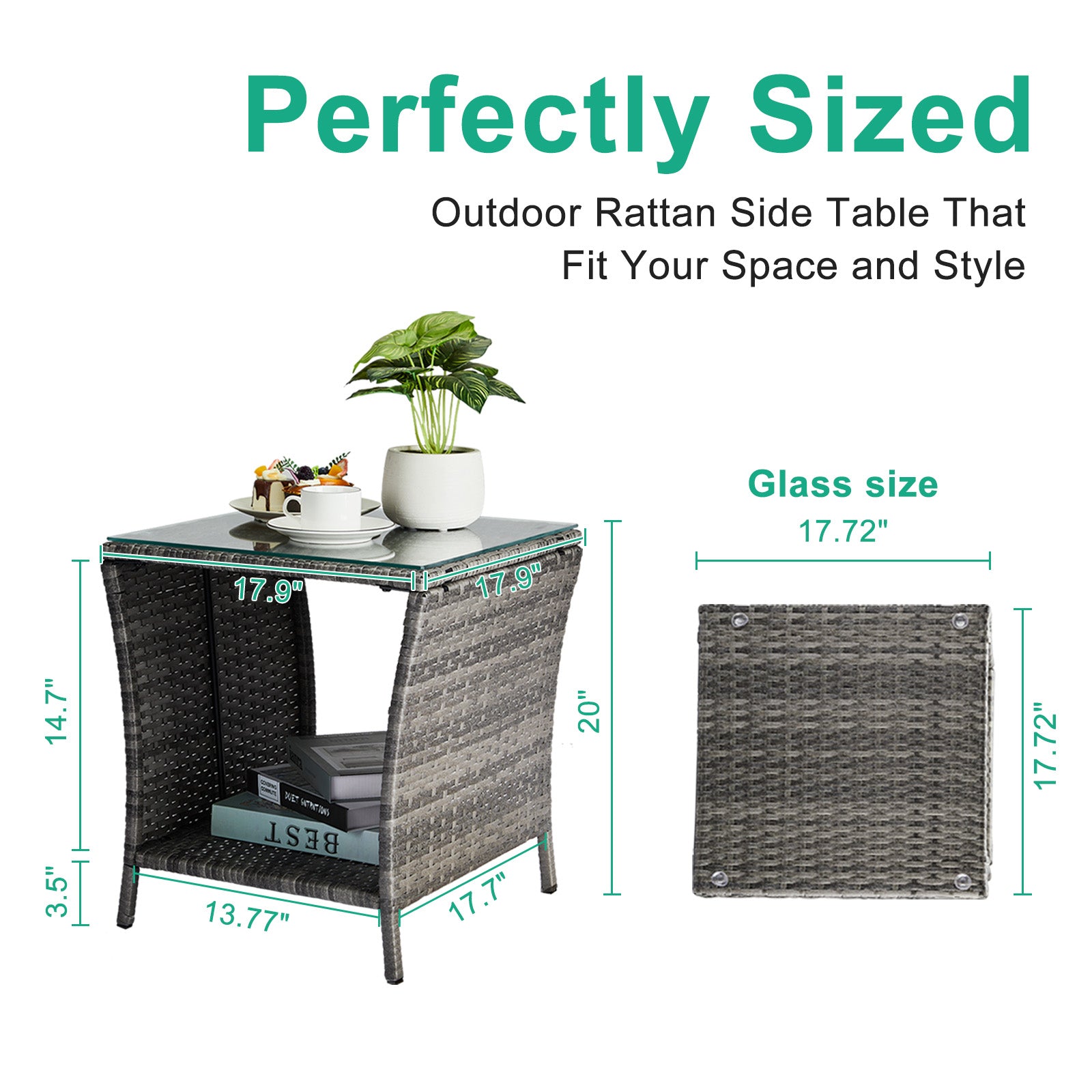 Outdoor Patio Wicker Side Table, Square End Table Bistro Coffee Table with Glass Top Storage Shelf for Porch Garden Backyard Grey 0e7rxg-c0