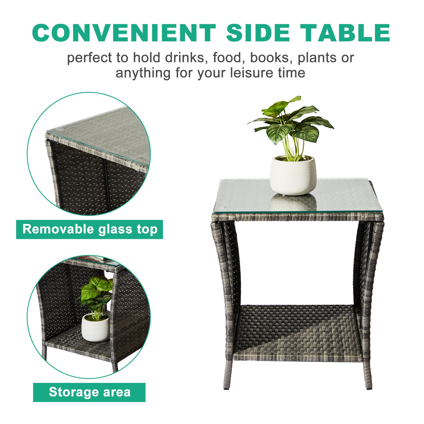 Outdoor Patio Wicker Side Table, Square End Table Bistro Coffee Table with Glass Top Storage Shelf for Porch Garden Backyard Grey 0e7rxg-c0