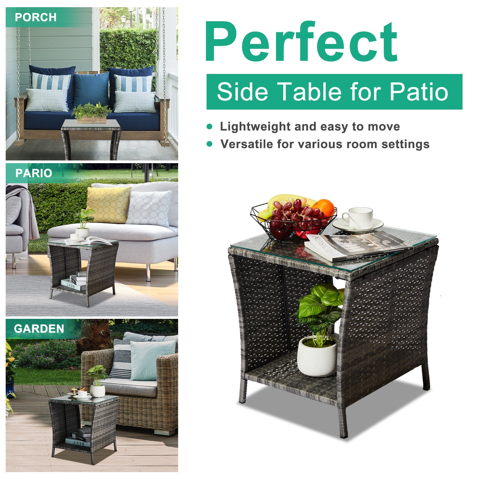 Outdoor Patio Wicker Side Table, Square End Table Bistro Coffee Table with Glass Top Storage Shelf for Porch Garden Backyard Grey 0e7rxg-c0