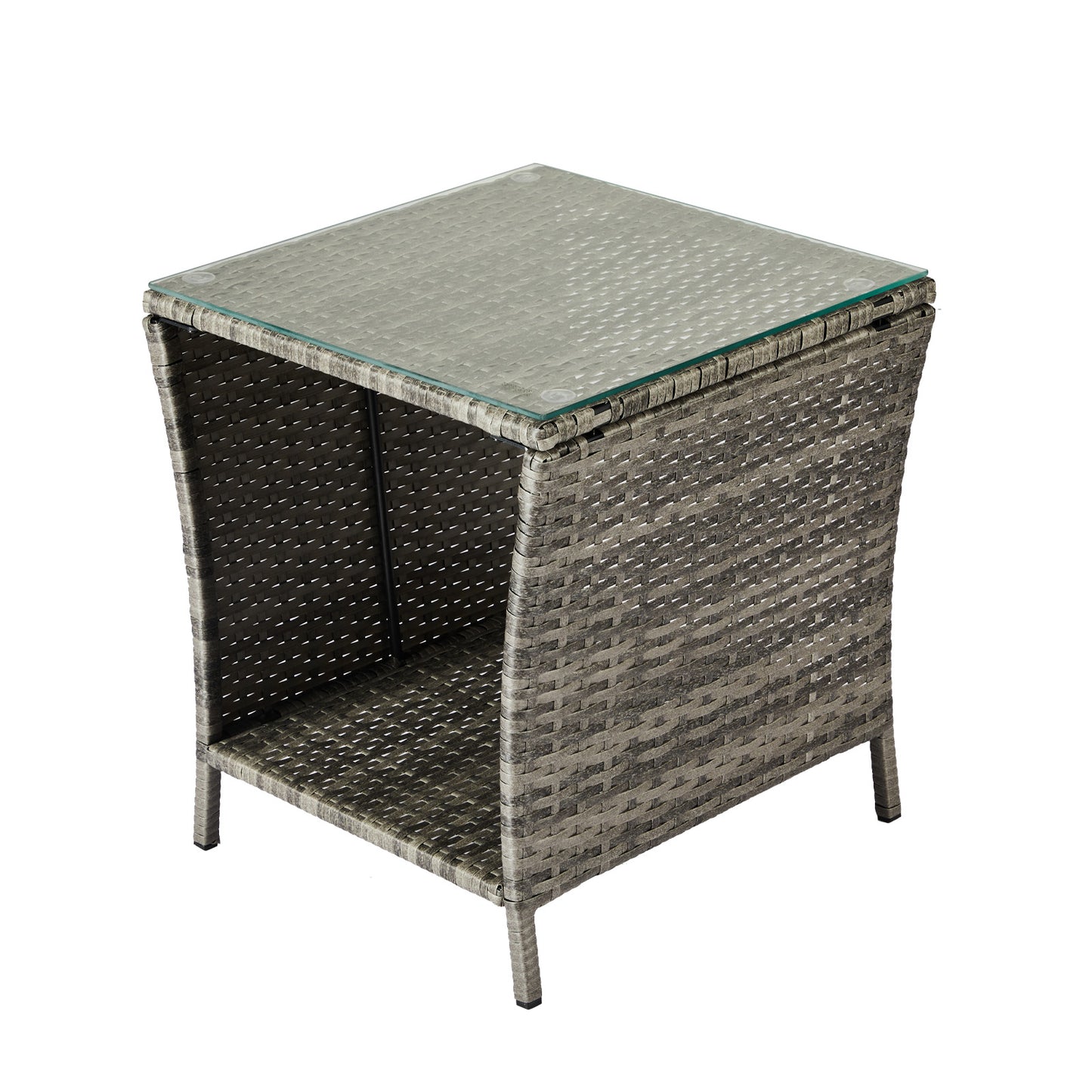 Outdoor Patio Wicker Side Table, Square End Table Bistro Coffee Table with Glass Top Storage Shelf for Porch Garden Backyard Grey 0e7rxg-c0