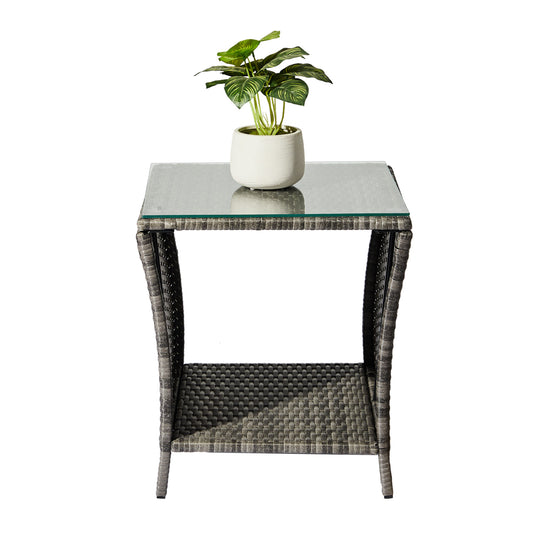 Outdoor Patio Wicker Side Table, Square End Table Bistro Coffee Table with Glass Top Storage Shelf for Porch Garden Backyard Grey 0e7rxg-c0