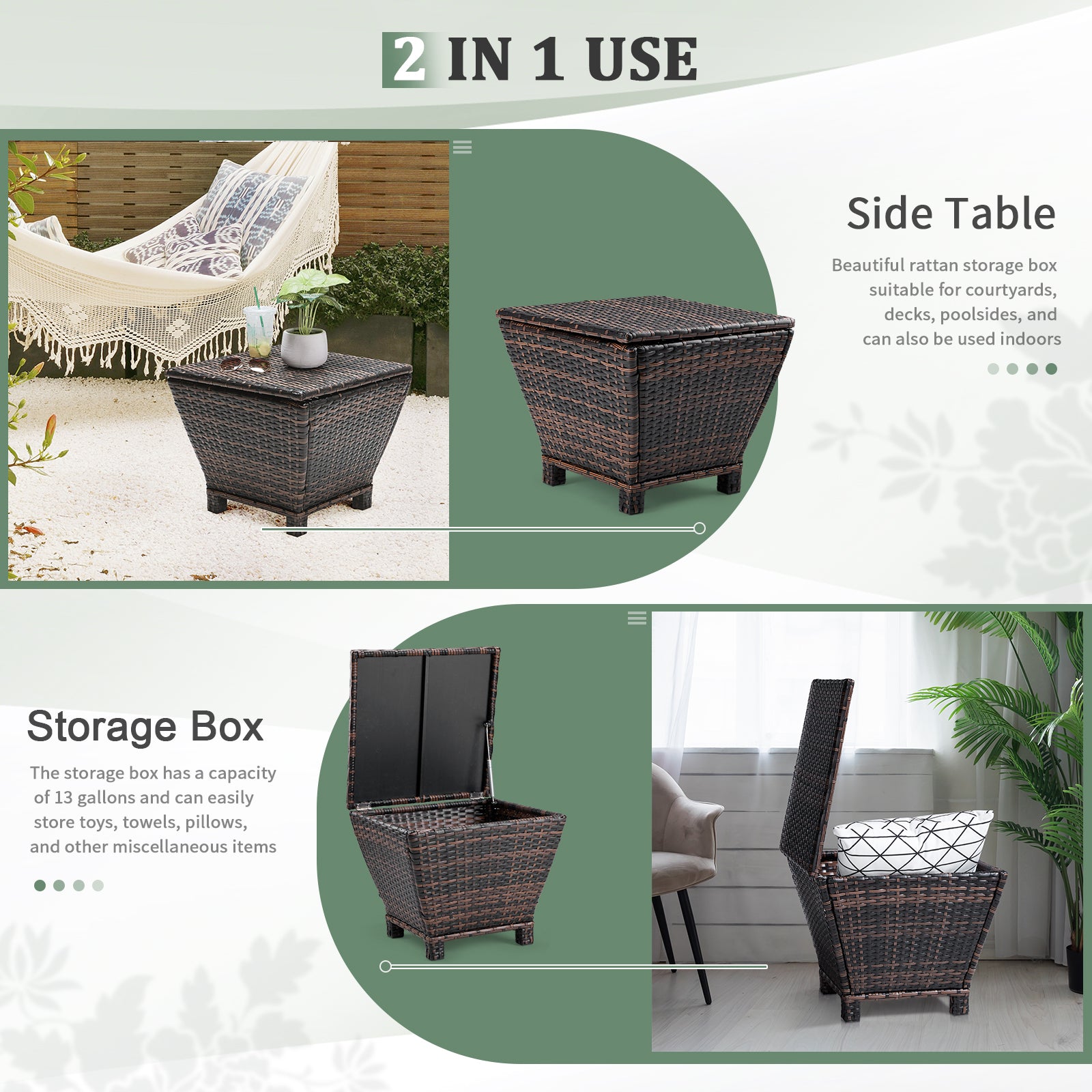 Outdoor PE Wicker Side Table with Storage, Small Patio Storage Bin Container for Hose Cushion Towel, Brown 0e7rxg-c0