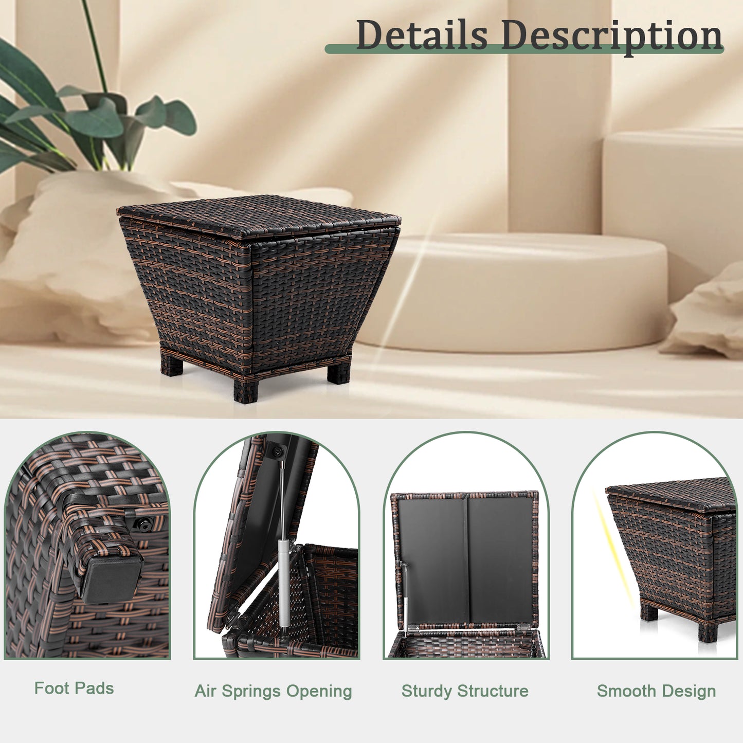 Outdoor PE Wicker Side Table with Storage, Small Patio Storage Bin Container for Hose Cushion Towel, Brown 0e7rxg-c0