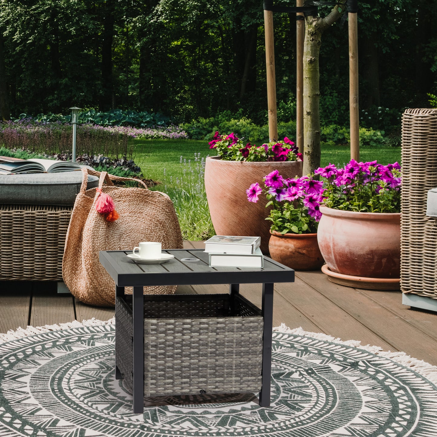 Outdoor Wicker Side Table with Umbrella Hole & Storage Space, Square PE Rattan End Table for Patio Garden Poolside Deck, Grey 0e7rxg-c0