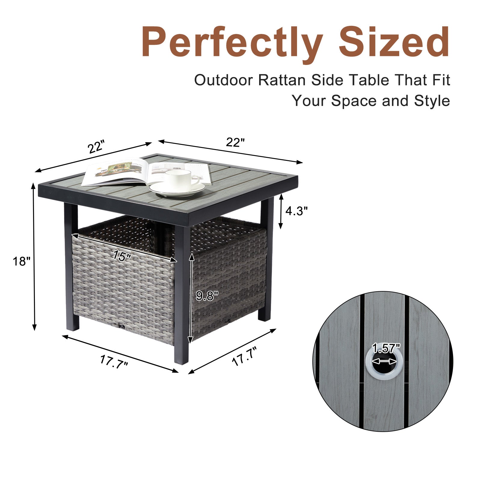 Outdoor Wicker Side Table with Umbrella Hole & Storage Space, Square PE Rattan End Table for Patio Garden Poolside Deck, Grey 0e7rxg-c0