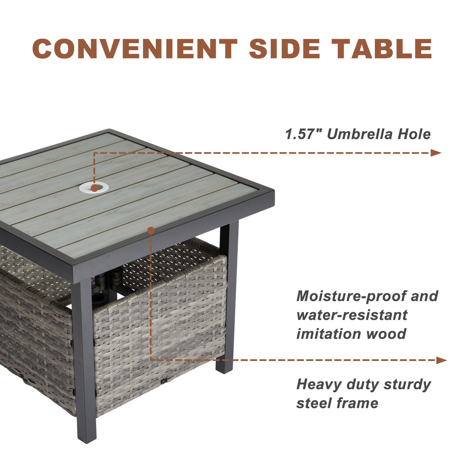 Outdoor Wicker Side Table with Umbrella Hole & Storage Space, Square PE Rattan End Table for Patio Garden Poolside Deck, Grey 0e7rxg-c0