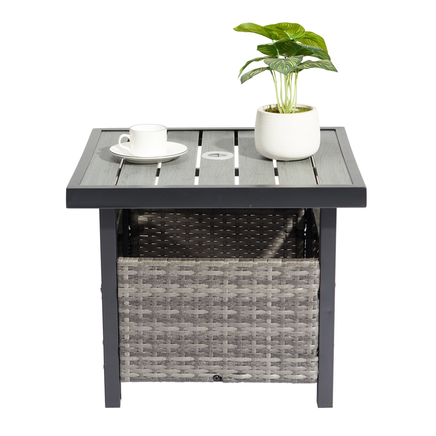 Outdoor Wicker Side Table with Umbrella Hole & Storage Space, Square PE Rattan End Table for Patio Garden Poolside Deck, Grey 0e7rxg-c0