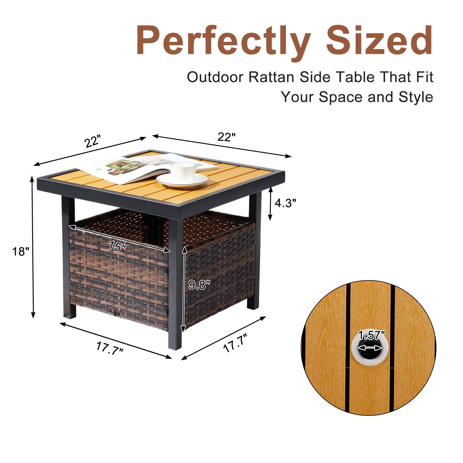 Outdoor Wicker Side Table with Umbrella Hole & Storage Space, Square PE Rattan End Table for Patio Garden Poolside Deck, Brown 0e7rxg-c0