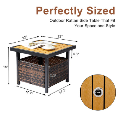 Outdoor Wicker Side Table with Umbrella Hole & Storage Space, Square PE Rattan End Table for Patio Garden Poolside Deck, Brown 0e7rxg-c0