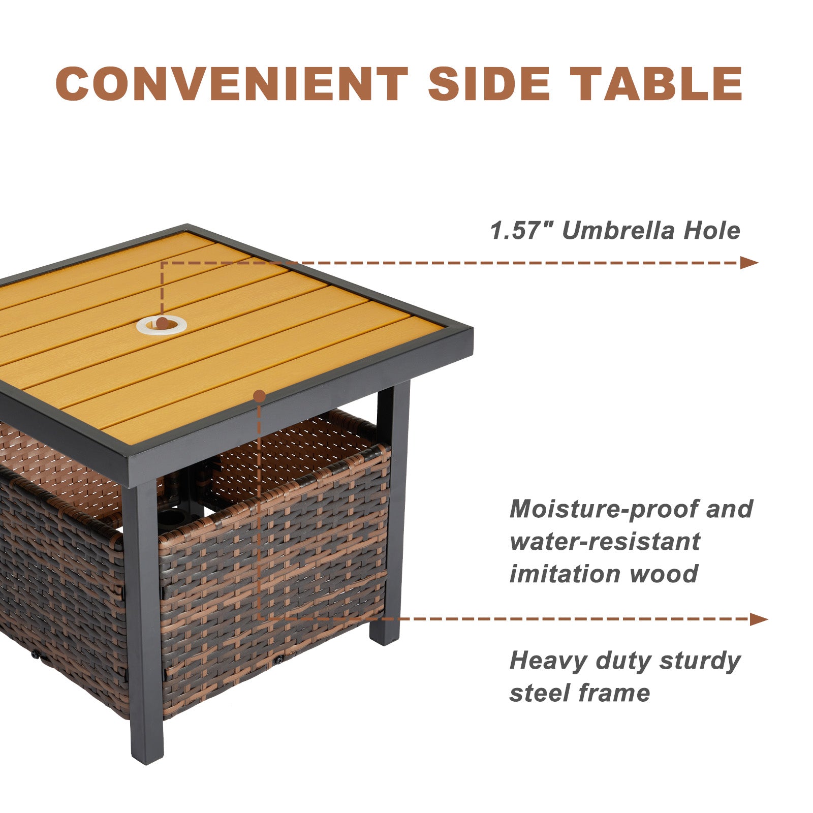 Outdoor Wicker Side Table with Umbrella Hole & Storage Space, Square PE Rattan End Table for Patio Garden Poolside Deck, Brown 0e7rxg-c0