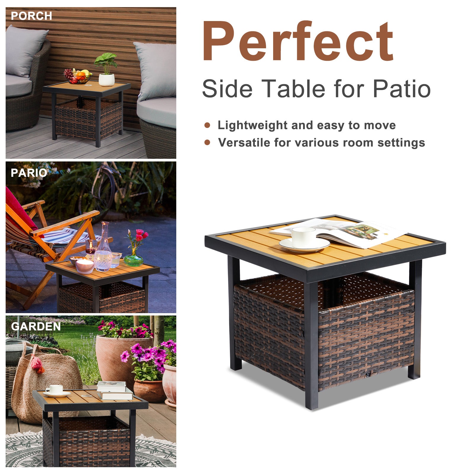 Outdoor Wicker Side Table with Umbrella Hole & Storage Space, Square PE Rattan End Table for Patio Garden Poolside Deck, Brown 0e7rxg-c0