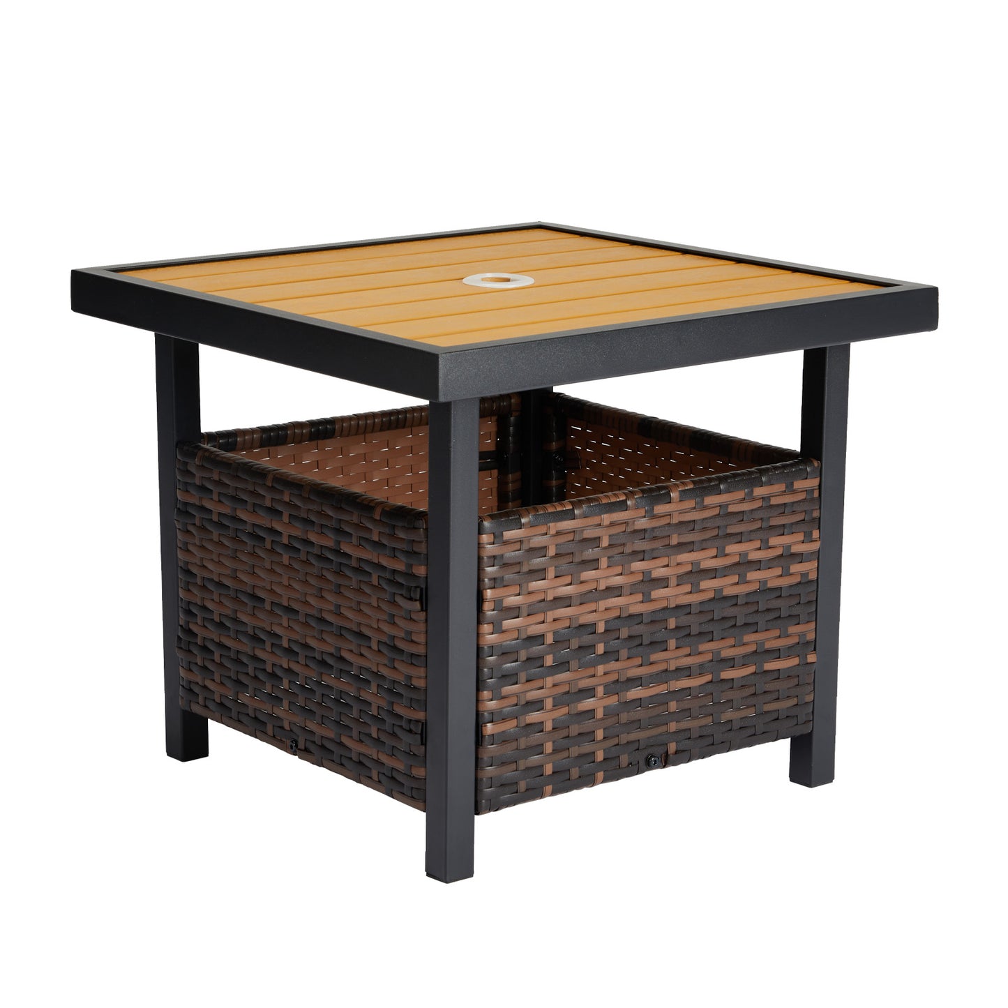 Outdoor Wicker Side Table with Umbrella Hole & Storage Space, Square PE Rattan End Table for Patio Garden Poolside Deck, Brown 0e7rxg-c0