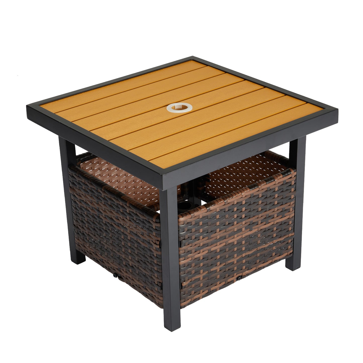 Outdoor Wicker Side Table with Umbrella Hole & Storage Space, Square PE Rattan End Table for Patio Garden Poolside Deck, Brown 0e7rxg-c0