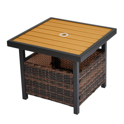 Outdoor Wicker Side Table with Umbrella Hole & Storage Space, Square PE Rattan End Table for Patio Garden Poolside Deck, Brown 0e7rxg-c0