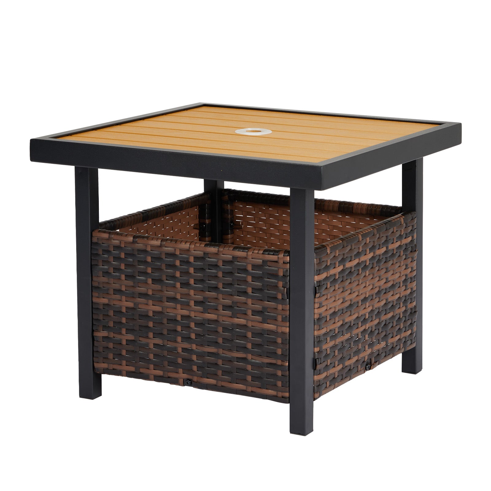 Outdoor Wicker Side Table with Umbrella Hole & Storage Space, Square PE Rattan End Table for Patio Garden Poolside Deck, Brown 0e7rxg-c0