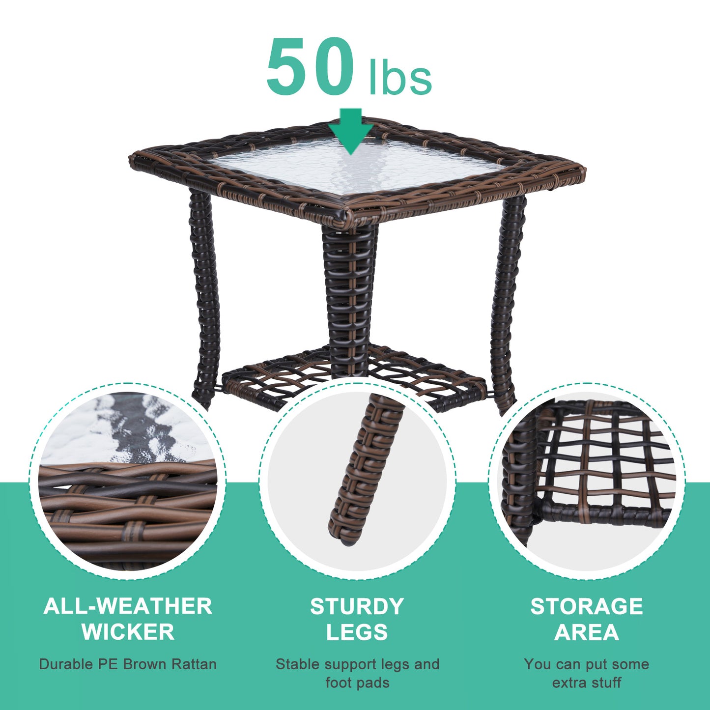 Outdoor Wicker Side Table, Rattan End Table with Glass Top, Patio Coffee Bistro Table for Indoor Garden Porch Balcony, Brown 0e7rxg-c0