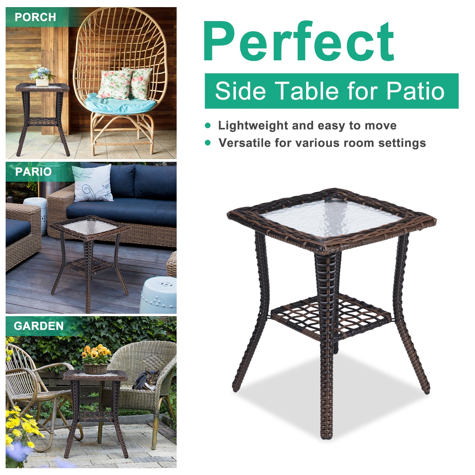 Outdoor Wicker Side Table, Rattan End Table with Glass Top, Patio Coffee Bistro Table for Indoor Garden Porch Balcony, Brown 0e7rxg-c0