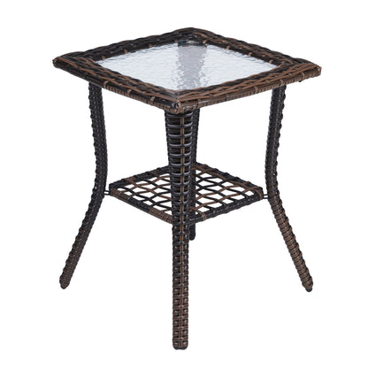 Outdoor Wicker Side Table, Rattan End Table with Glass Top, Patio Coffee Bistro Table for Indoor Garden Porch Balcony, Brown 0e7rxg-c0