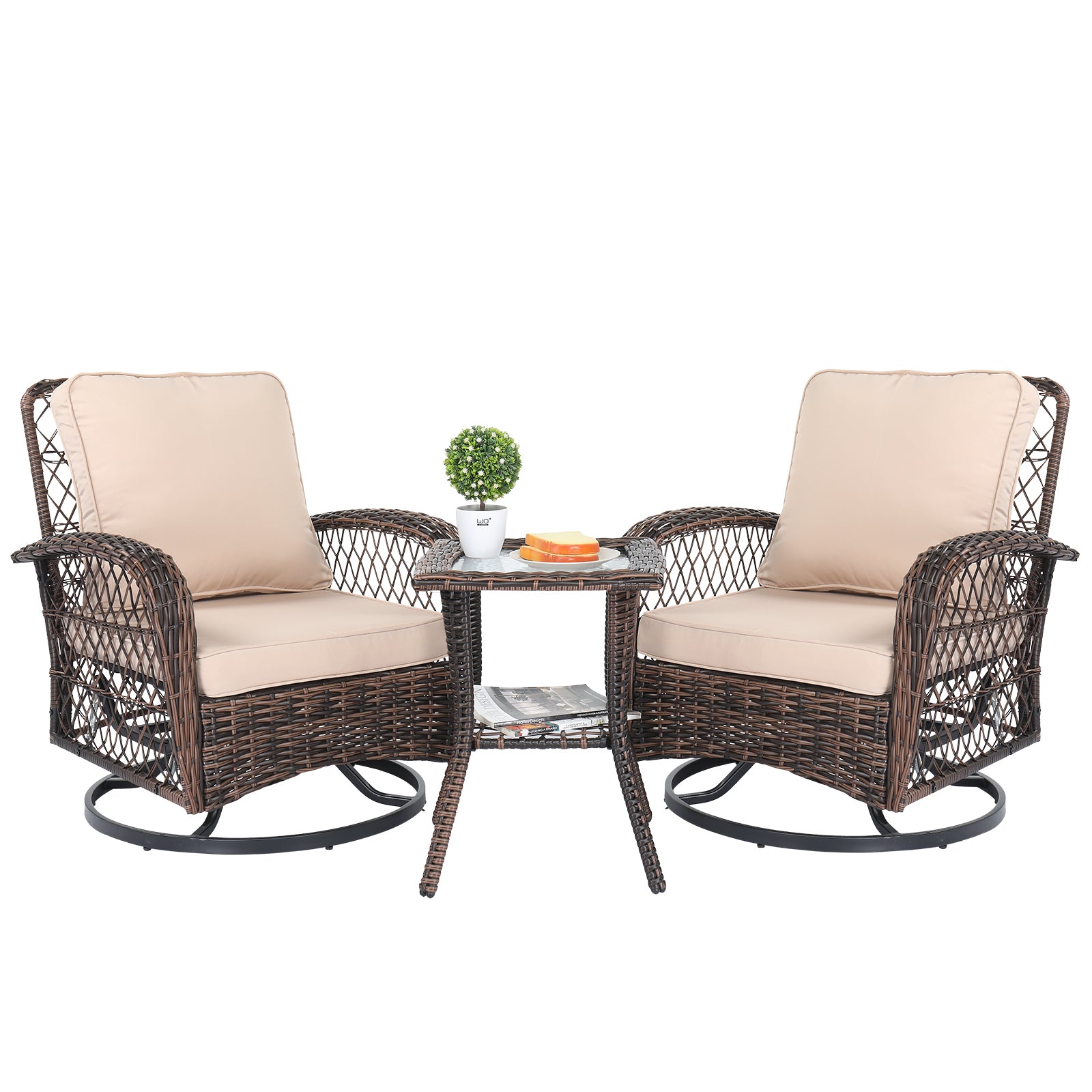 3 Pieces Patio Furniture Set, Outdoor Swivel Gliders Rocker, Wicker Patio Bistro Set with Rattan Rocking Chair, Glass Top Side Table and Thickened Cushions for Porch Deck Backyard, Brown Gradient Ratt 0e7rxg-c0