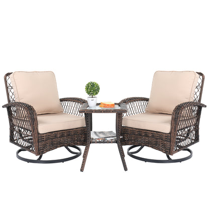 3 Pieces Patio Furniture Set, Outdoor Swivel Gliders Rocker, Wicker Patio Bistro Set with Rattan Rocking Chair, Glass Top Side Table and Thickened Cushions for Porch Deck Backyard, Brown Gradient Ratt 0e7rxg-c0