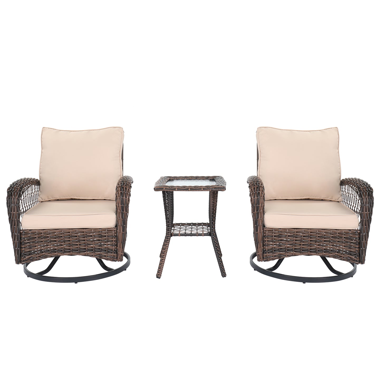 3 Pieces Patio Furniture Set, Outdoor Swivel Gliders Rocker, Wicker Patio Bistro Set with Rattan Rocking Chair, Glass Top Side Table and Thickened Cushions for Porch Deck Backyard, Brown Gradient Ratt 0e7rxg-c0