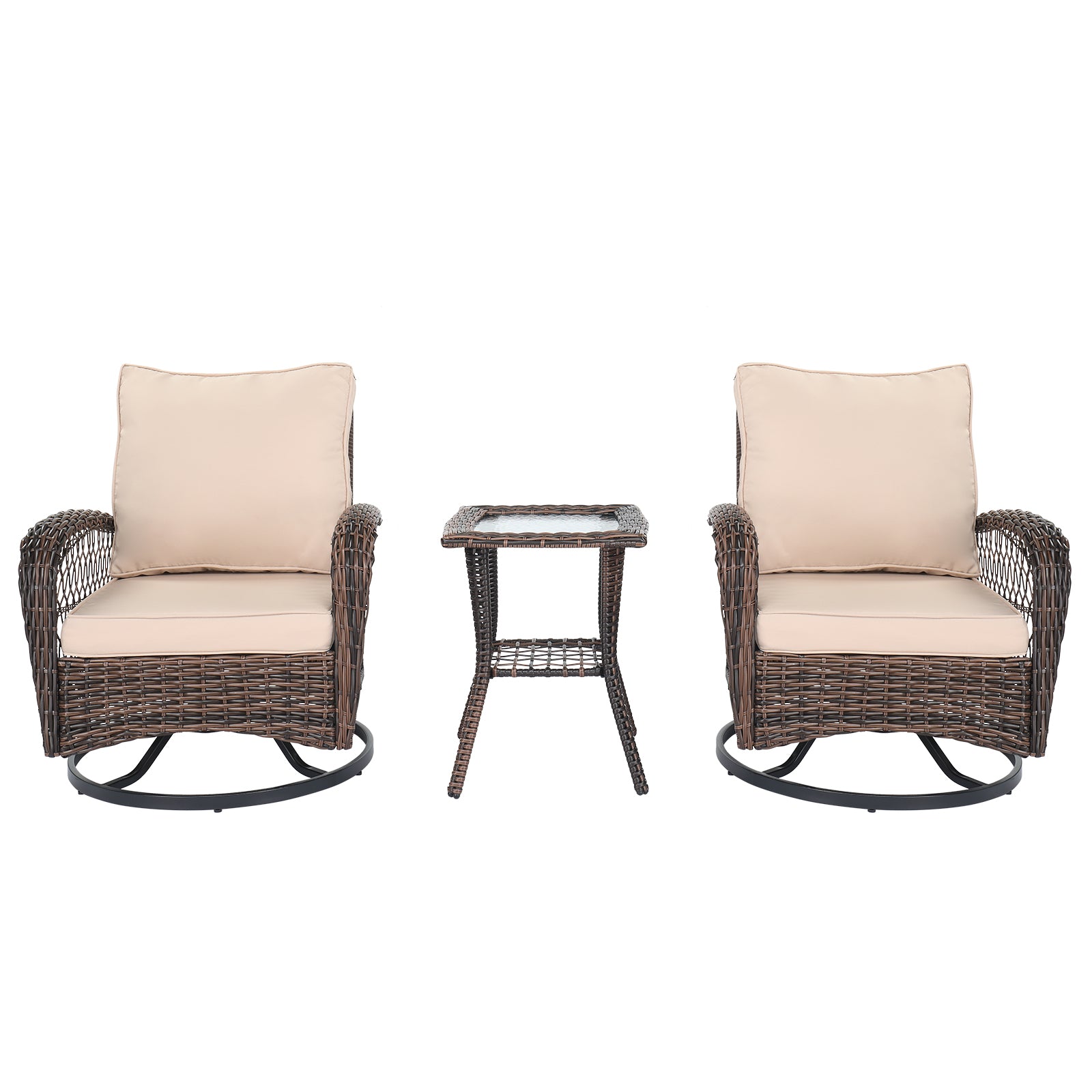 3 Pieces Patio Furniture Set, Outdoor Swivel Gliders Rocker, Wicker Patio Bistro Set with Rattan Rocking Chair, Glass Top Side Table and Thickened Cushions for Porch Deck Backyard, Brown Gradient Ratt 0e7rxg-c0