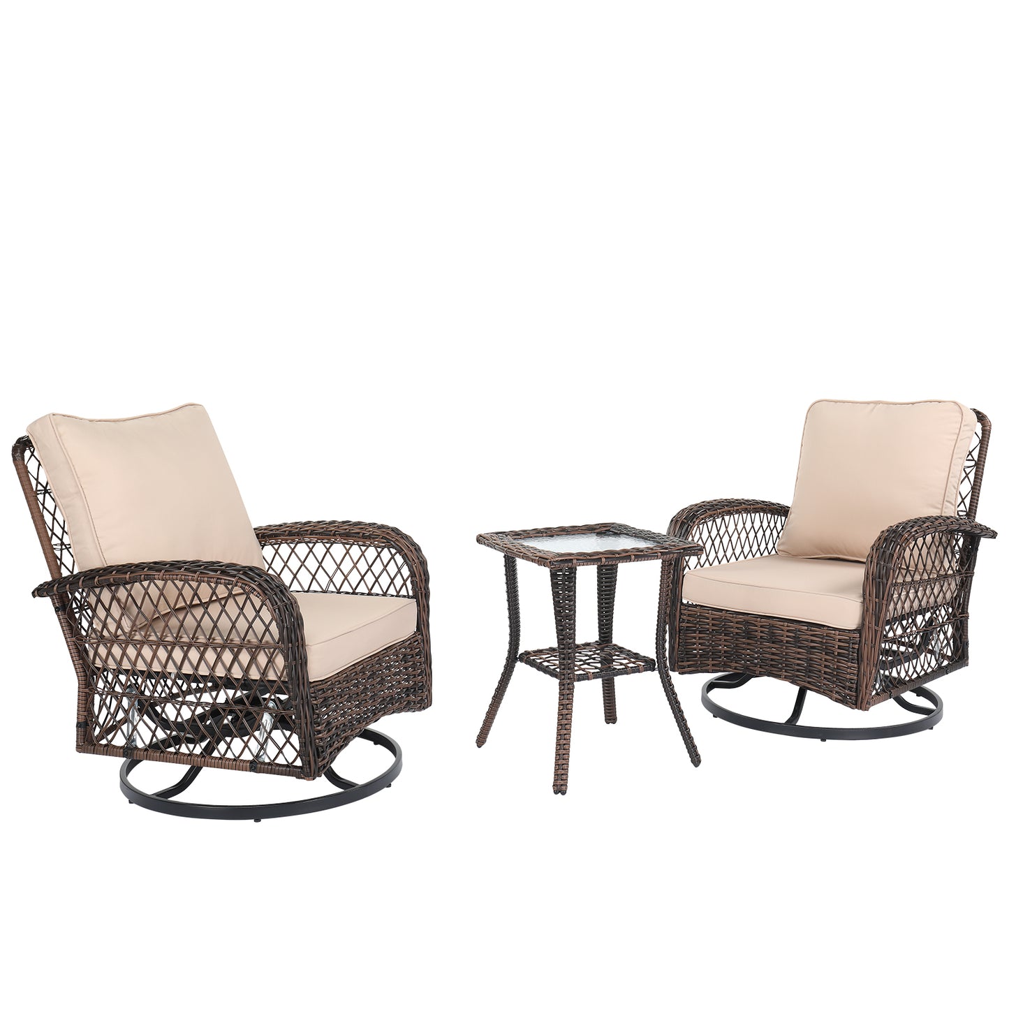 3 Pieces Patio Furniture Set, Outdoor Swivel Gliders Rocker, Wicker Patio Bistro Set with Rattan Rocking Chair, Glass Top Side Table and Thickened Cushions for Porch Deck Backyard, Brown Gradient Ratt 0e7rxg-c0