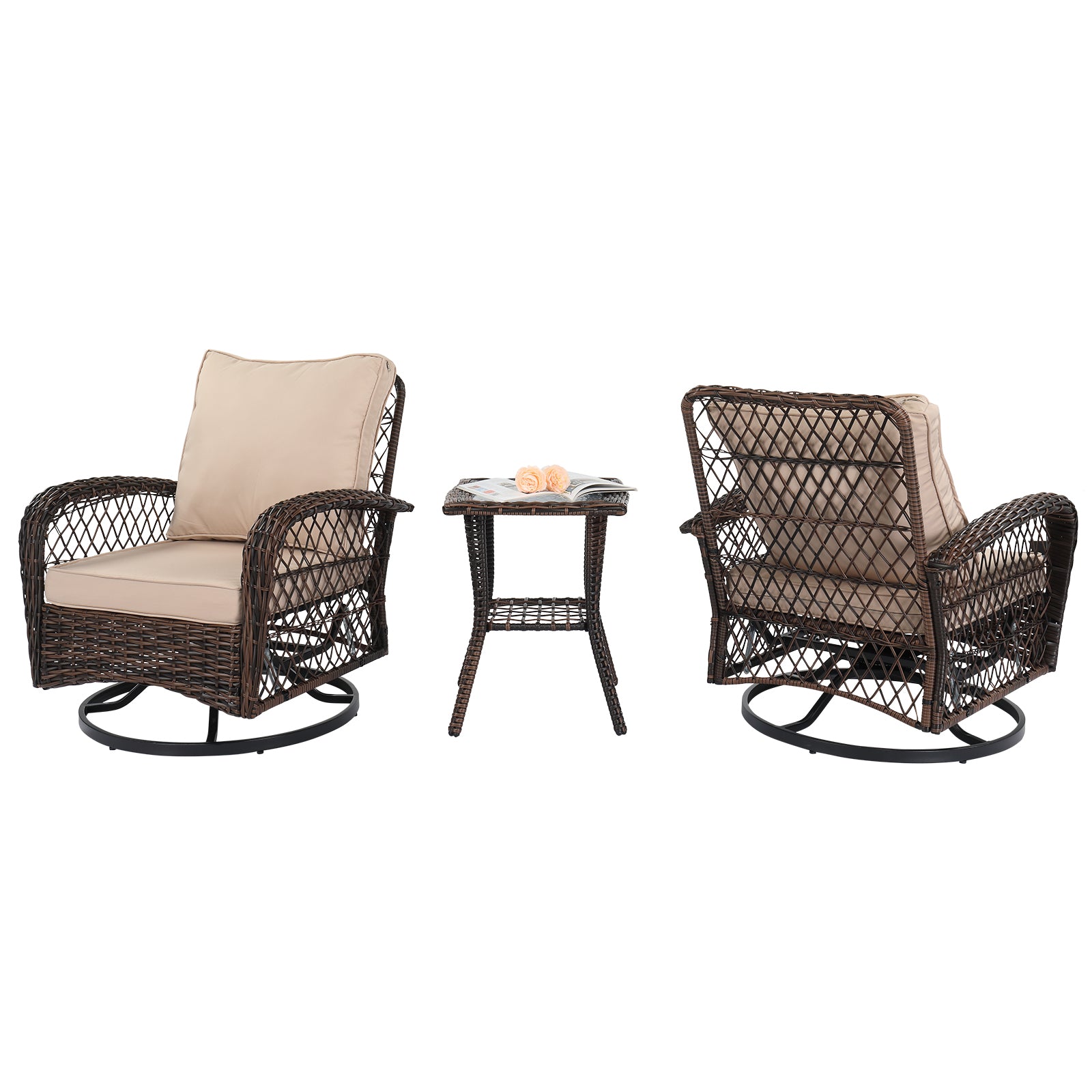 3 Pieces Patio Furniture Set, Outdoor Swivel Gliders Rocker, Wicker Patio Bistro Set with Rattan Rocking Chair, Glass Top Side Table and Thickened Cushions for Porch Deck Backyard, Brown Gradient Ratt 0e7rxg-c0