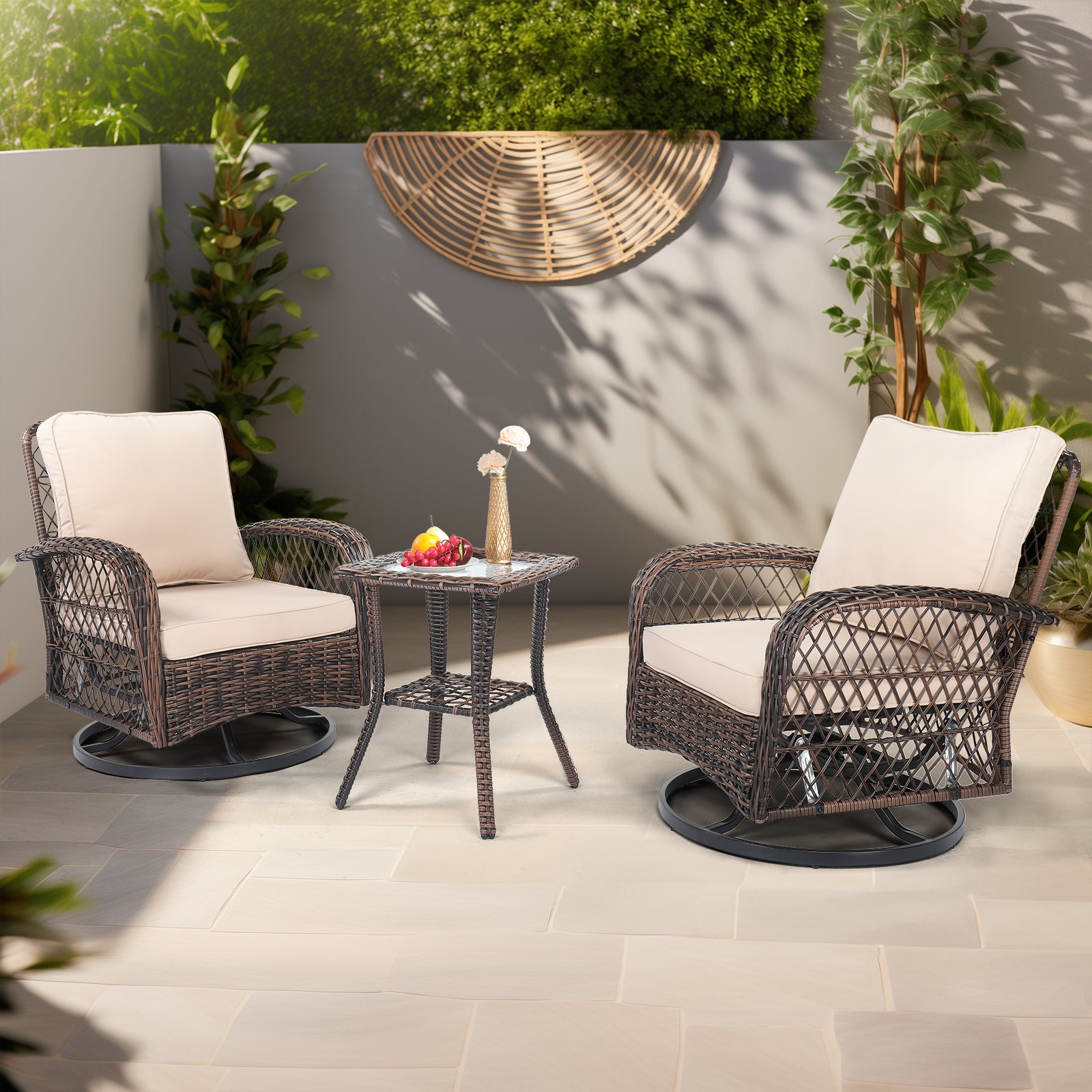 3 Pieces Patio Furniture Set, Outdoor Swivel Gliders Rocker, Wicker Patio Bistro Set with Rattan Rocking Chair, Glass Top Side Table and Thickened Cushions for Porch Deck Backyard, Brown Gradient Ratt 0e7rxg-c0