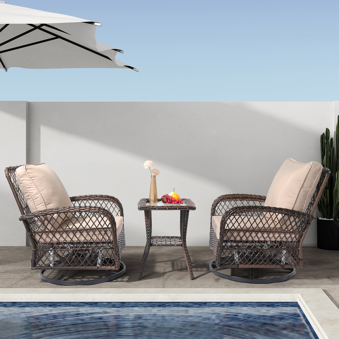 3 Pieces Patio Furniture Set, Outdoor Swivel Gliders Rocker, Wicker Patio Bistro Set with Rattan Rocking Chair, Glass Top Side Table and Thickened Cushions for Porch Deck Backyard, Brown Gradient Ratt 0e7rxg-c0