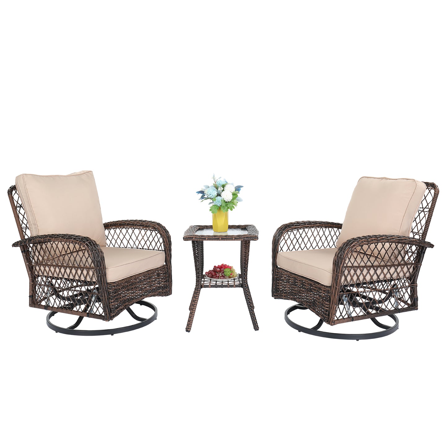 3 Pieces Patio Furniture Set, Outdoor Swivel Gliders Rocker, Wicker Patio Bistro Set with Rattan Rocking Chair, Glass Top Side Table and Thickened Cushions for Porch Deck Backyard, Brown Gradient Ratt 0e7rxg-c0