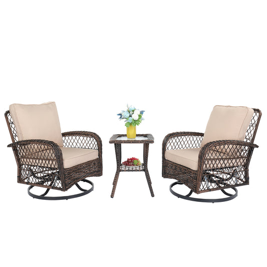 3 Pieces Patio Furniture Set, Outdoor Swivel Gliders Rocker, Wicker Patio Bistro Set with Rattan Rocking Chair, Glass Top Side Table and Thickened Cushions for Porch Deck Backyard, Brown Gradient Ratt 0e7rxg-c0