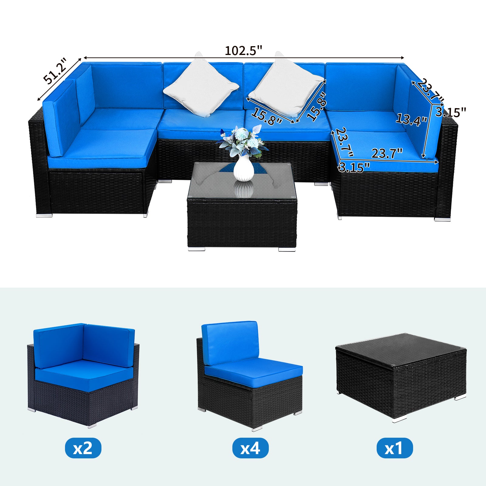 Fully Equipped Weaving Rattan Sofa Set with 2pcs Middle Sofas & 4pcs Single Sofas & 1 pc Coffee Table Black Embossed   - Woven Rattan 0e7rxg-c0