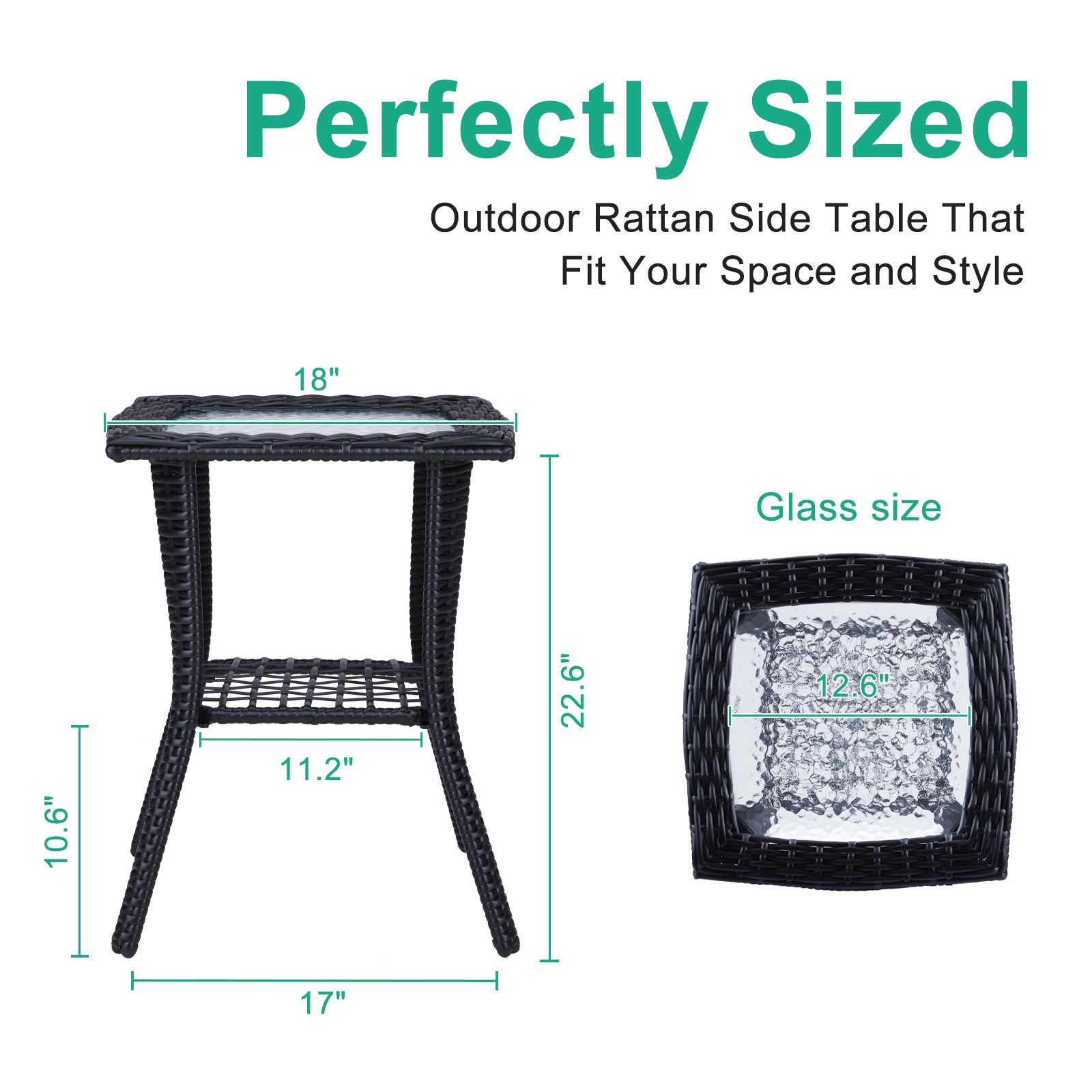 Outdoor Wicker Side Table, Rattan End Table with Glass Top, Patio Coffee Bistro Table for Indoor Garden Porch Balcony, Black 0e7rxg-c0