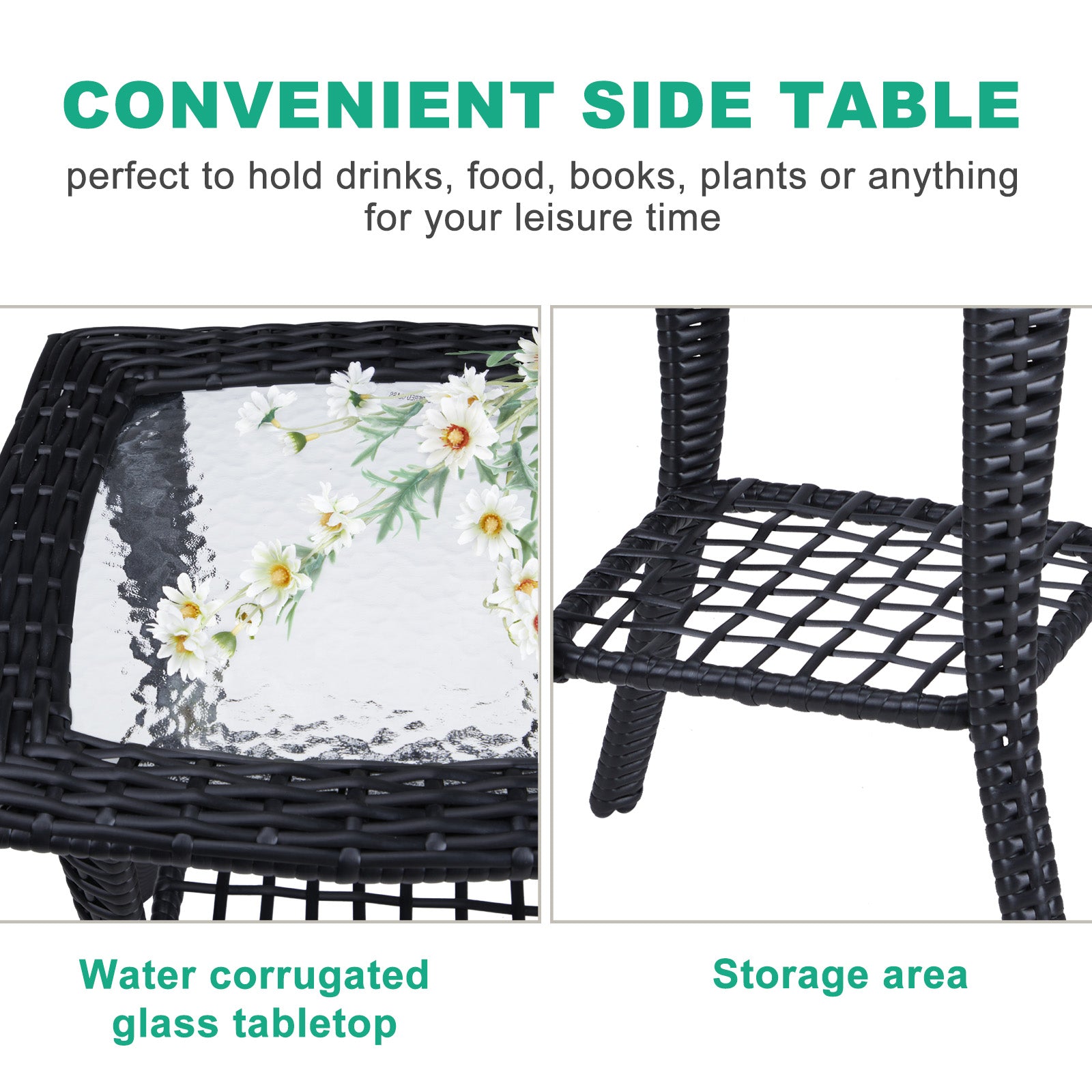 Outdoor Wicker Side Table, Rattan End Table with Glass Top, Patio Coffee Bistro Table for Indoor Garden Porch Balcony, Black 0e7rxg-c0