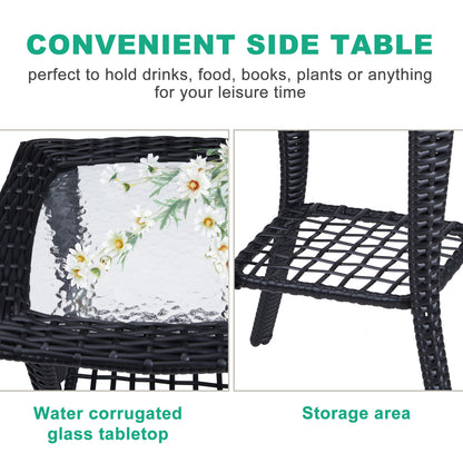 Outdoor Wicker Side Table, Rattan End Table with Glass Top, Patio Coffee Bistro Table for Indoor Garden Porch Balcony, Black 0e7rxg-c0