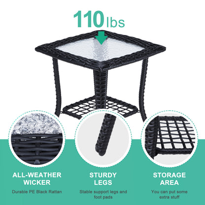 Outdoor Wicker Side Table, Rattan End Table with Glass Top, Patio Coffee Bistro Table for Indoor Garden Porch Balcony, Black 0e7rxg-c0