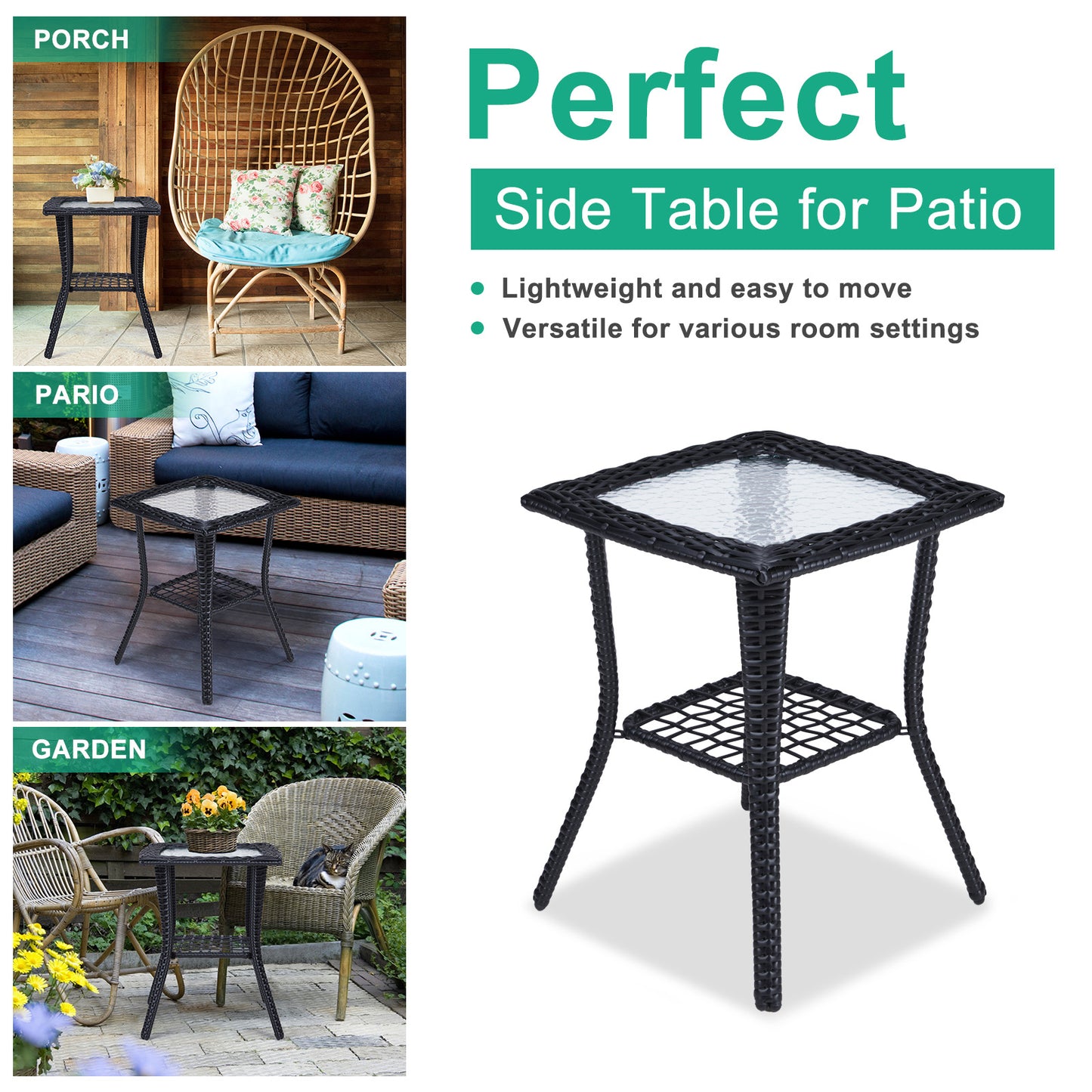 Outdoor Wicker Side Table, Rattan End Table with Glass Top, Patio Coffee Bistro Table for Indoor Garden Porch Balcony, Black 0e7rxg-c0