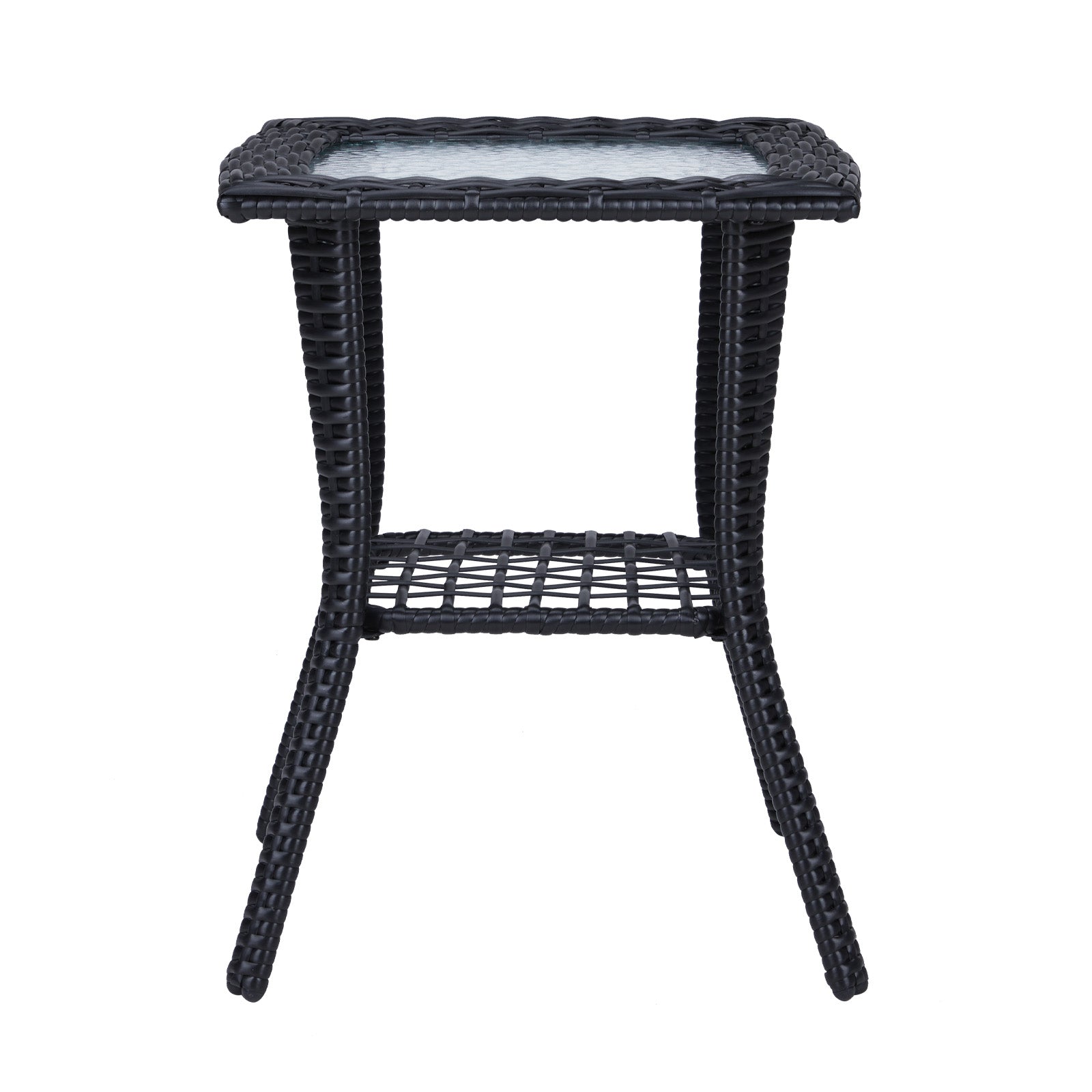 Outdoor Wicker Side Table, Rattan End Table with Glass Top, Patio Coffee Bistro Table for Indoor Garden Porch Balcony, Black 0e7rxg-c0