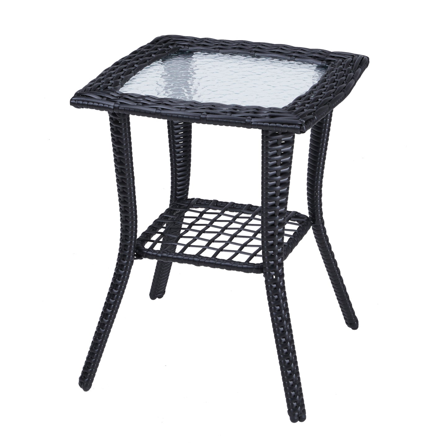 Outdoor Wicker Side Table, Rattan End Table with Glass Top, Patio Coffee Bistro Table for Indoor Garden Porch Balcony, Black 0e7rxg-c0